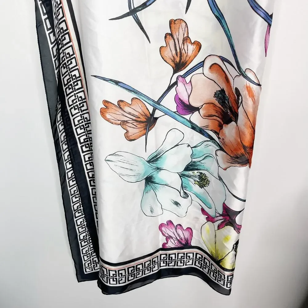 New Chicos Tropical Floral BC Square Scarf White Black Geometric Blue Yellow